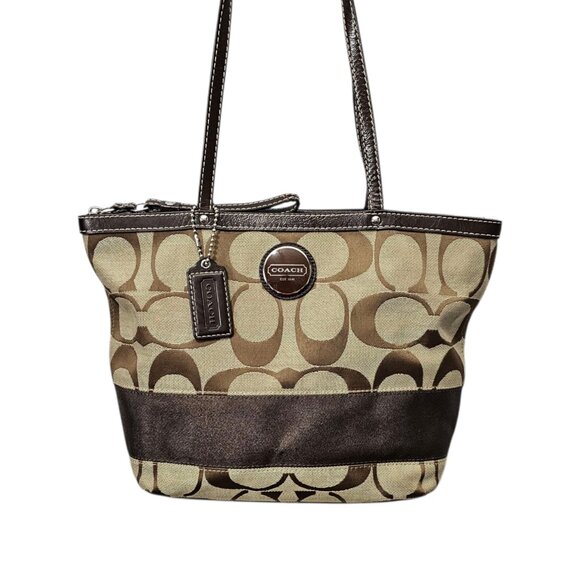 Coach Signature Leather & Canvas Brown Tan Tote Shoulder Bag F1020-F15112 COA - Picture 1 of 12